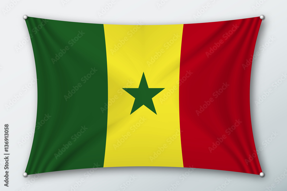 Senegal national flag. Symbol of the country on a stretched fabric with waves attached with pins. Realistic vector illustration. Senegal national flag. Symbol of the country on a stretched fabric with waves attached with pins. Realistic vector illustration.
