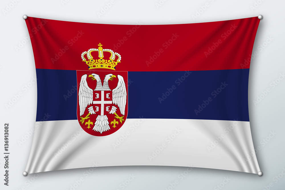 Obraz premium Serbia national flag. Symbol of the country on a stretched fabric with waves attached with pins. Realistic vector illustration.
