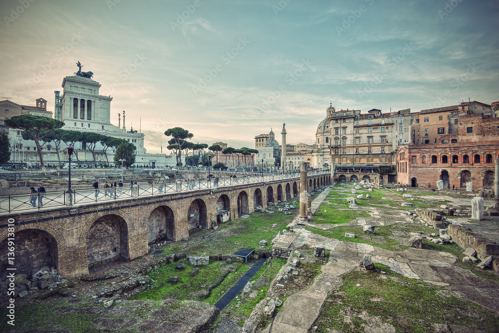Ancient Trajan's Market, ruins at Via dei Fori Imperiali, Rome, Italy, Europe, Vintage filtered style