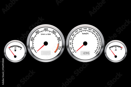 White car dashboard with chrome rings on black background, vector illustration