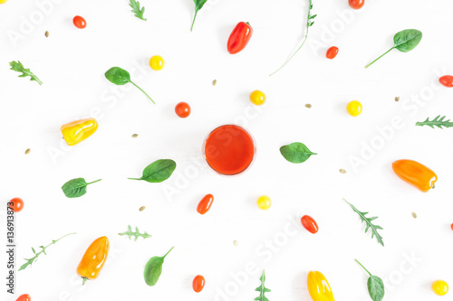 Vegetable juice and fresh vegetables on white background. Flat lay, top view
