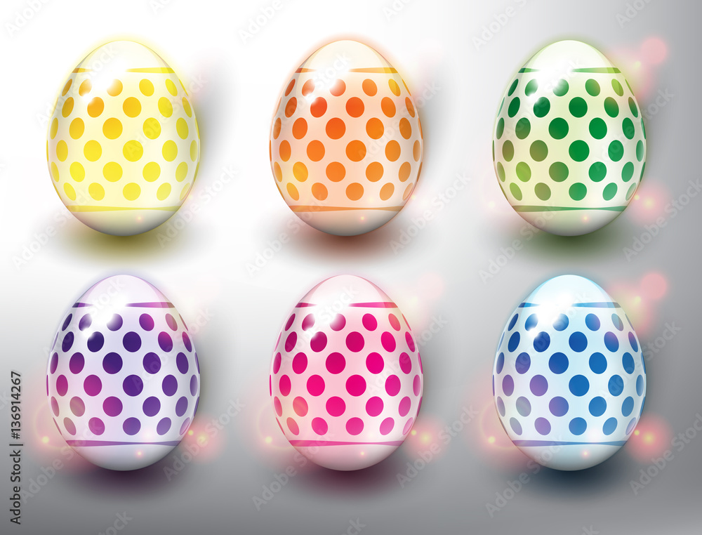 Set of 6 color Easter Eggs. Design elements for holiday cards. Easter collection. Colorful, glossy and isolated with realistic light and shadow on the light panel. Vector illustration. Eps10.