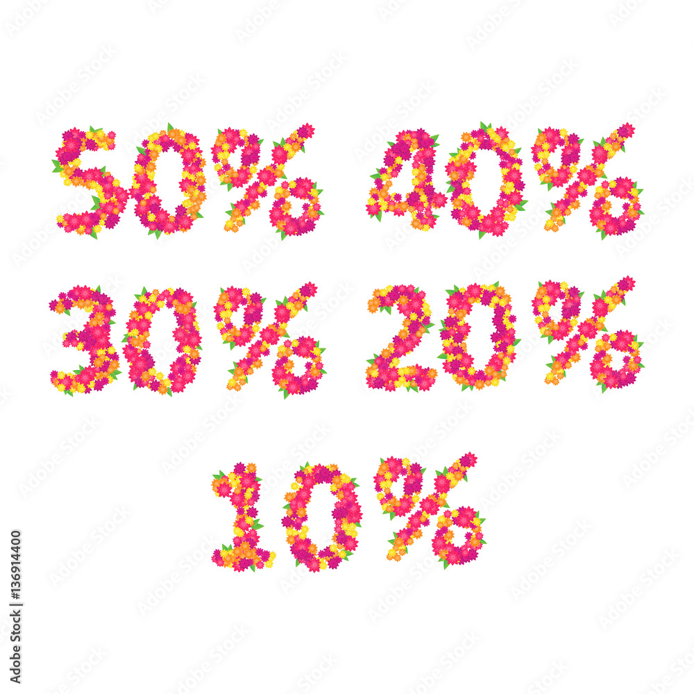 Set of different discount signs made of flowers. Set of different discount signs made of flowers.