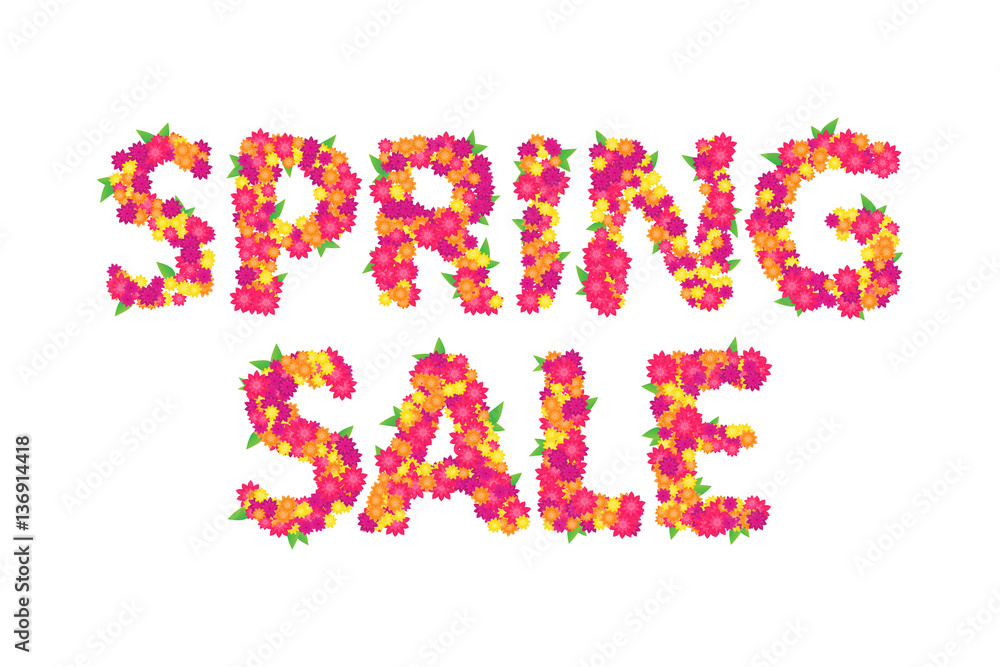 Spring sale sign made from flowers. Bright sign.
