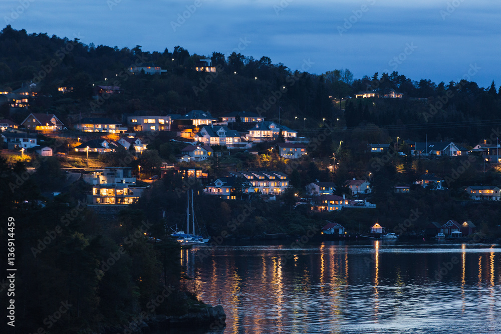 Naklejka premium Night view of the houses on the coast