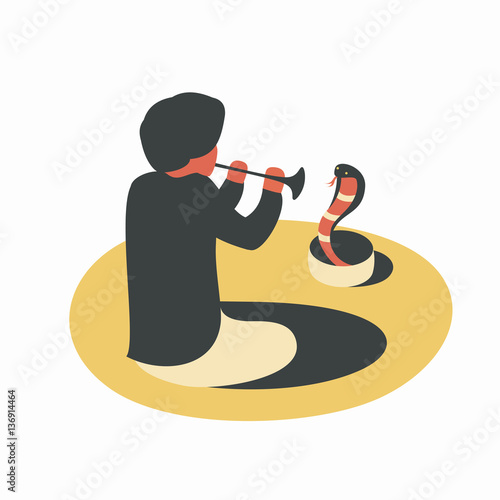 India, man playing the flute with snake cobra, white background