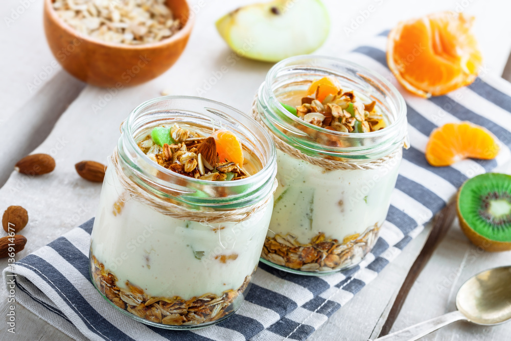 Healthy meal made of granola, yogurt and fruits. Delicious food for breakfast. Traditional American snack. Healthy meal made of granola, yogurt and fruits. Delicious food for breakfast. Traditional American snack.