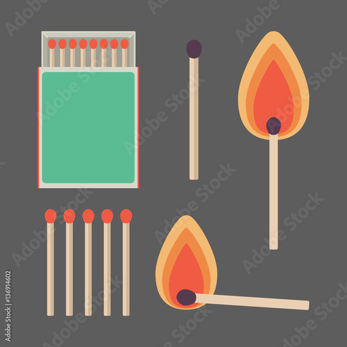 Match sticks and box set flat vector illustration