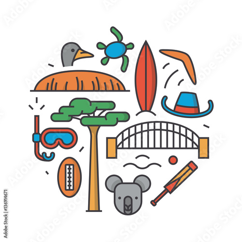 Australia, vector outline illustration, pattern, white background: boomerang, hat, serf, bridge, cricket, koala, tree Baobab, sport, mountain Uluru, ostrich, turtle