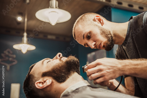 Professional Master hairdresser cuts client beard.