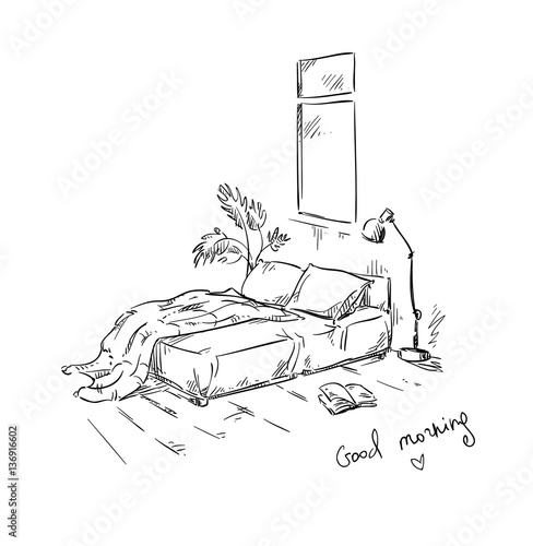 bedroom drawing, interior design. Vector illustration.