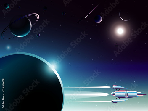 spaceship launching to new world in universe across shooting star and solar system