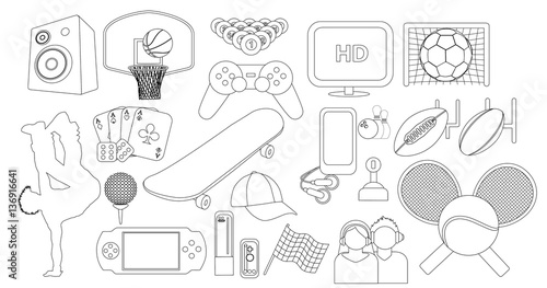 Entertainment hobbies and leisure activities thin line icon set