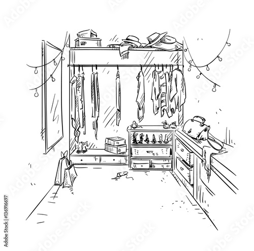 walk-in closet, garderobe drawing. Interior vector sketch.