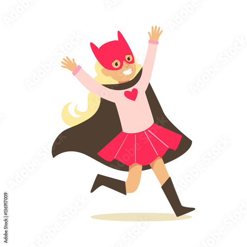 Girl Pretending To Have Super Powers Dressed In Pink Superhero Costume With Black Cape And Cat Mask Smiling Character