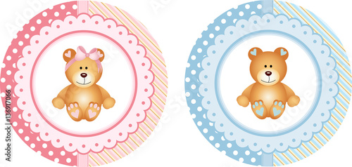 Baby shower round sticker labels with teddy bear
