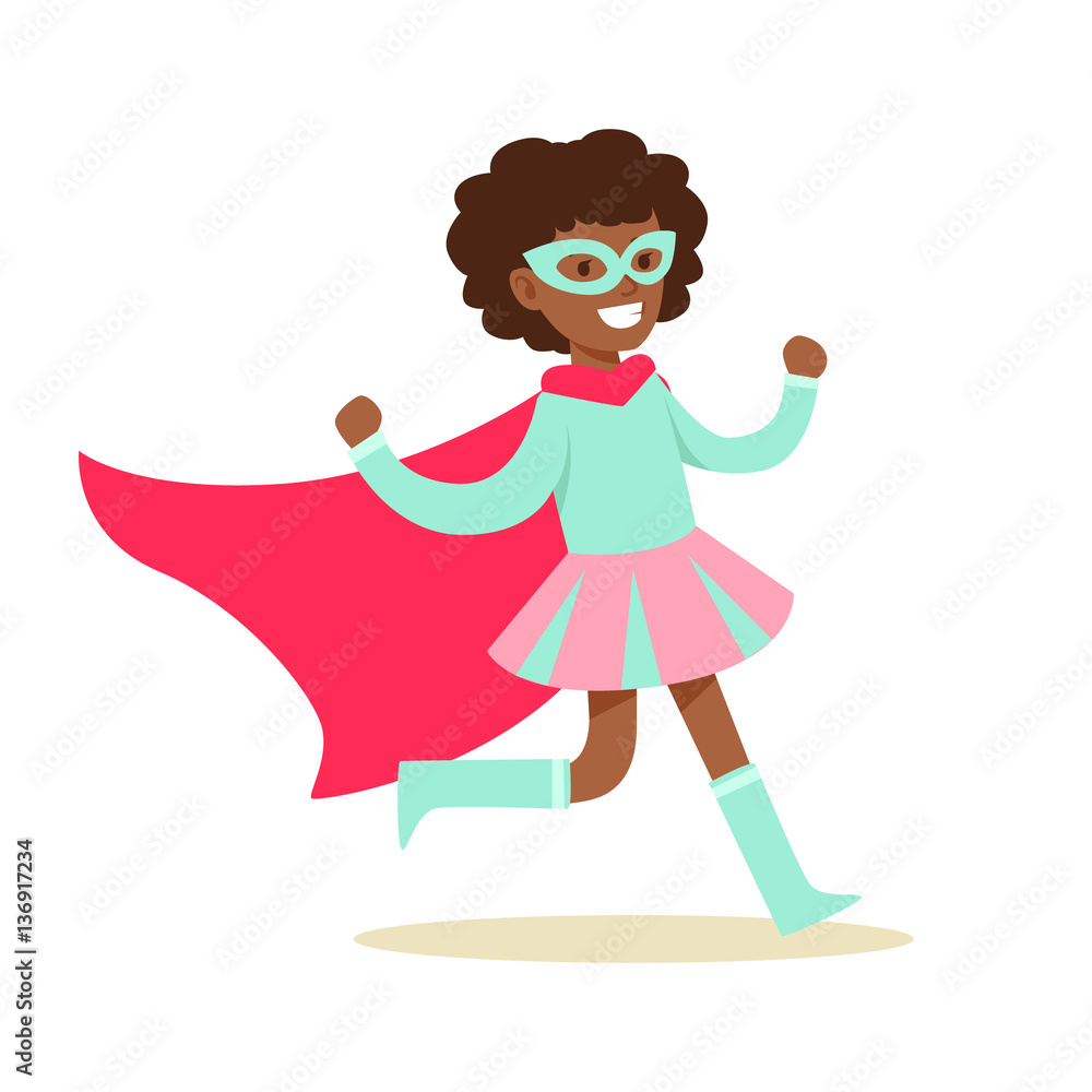 Girl Pretending To Have Super Powers Dressed In Pink And BLue Superhero