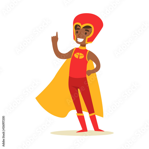 Boy Pretending To Have Super Powers Dressed In Red Superhero Costume With Yellow Cape And Helmet Smiling Character