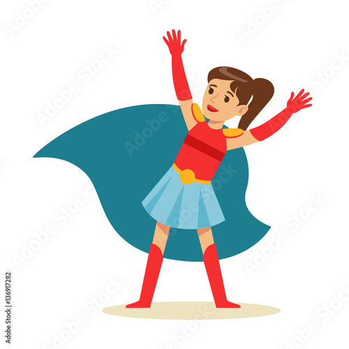 Girl With Ponytail Pretending To Have Super Powers Dressed In Superhero Costume With Blue Cape Smiling Character