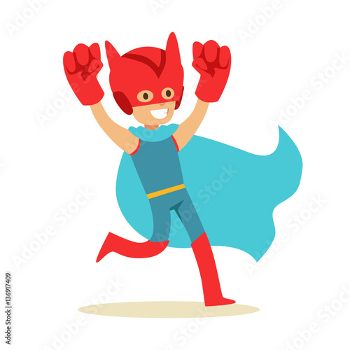 Boy Pretending To Have Super Powers Dressed In Superhero Costume With Blue Cape And Giant Fists Smiling Character