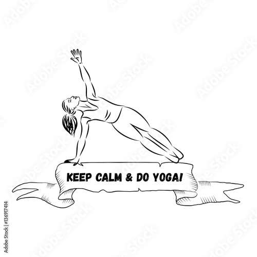 Ribbon banner with quote "Keep calm and do Yoga". Woman line silhouette in yoga pose vector illustration.