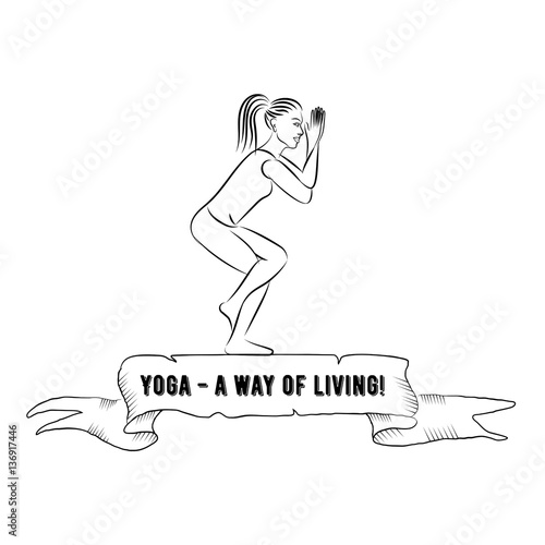 Ribbon banner with quote "Yoga - a way of living". Woman line silhouette in yoga pose vector illustration.