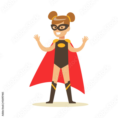 Girl Pretending To Have Super Powers Dressed In Black Superhero Costume With Red Cape And Mask Smiling Character