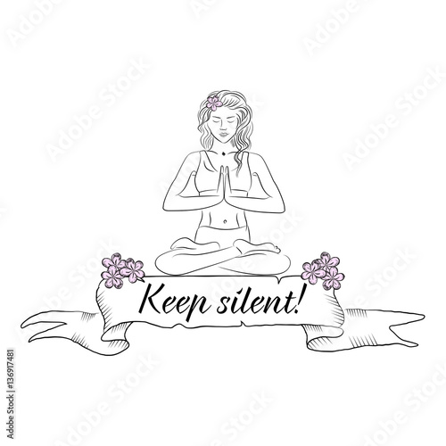 Ribbon banner with quote "Keep silent!". Woman line silhouette in yoga pose vector illustration.