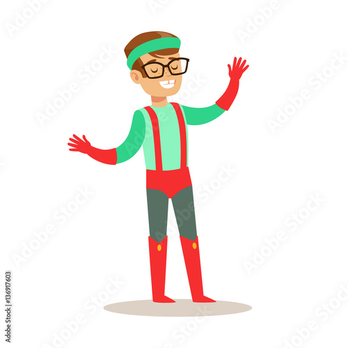 Pretending To Have Super Powers Dressed In Green And Red Superhero Costume With Suspenders And Glasses Smiling Character