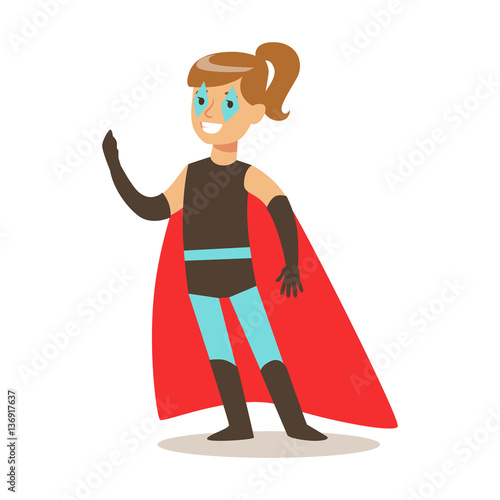 Girl Pretending To Have Super Powers Dressed In Superhero Costume With Red Cape And Make Up Smiling Character
