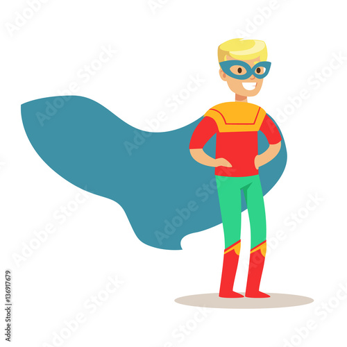 Blond Boy Pretending To Have Super Powers Dressed In Superhero Costume With Blue Cape And Mask Smiling Character