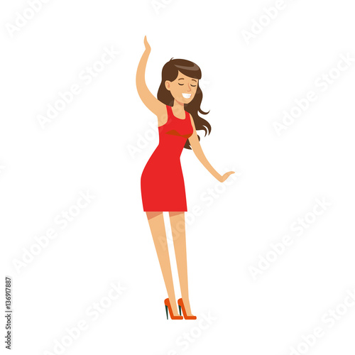 Girl In Red Dress Dancing Pretty On Dancefloor, Part Of People At The Night Club Series Of Vector Illustrations
