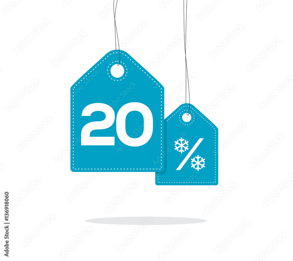 Blue hanging price tag labels with 20% and snowflake percent design texts on them and with shadow isolated on white background. For winter sale campaigns.