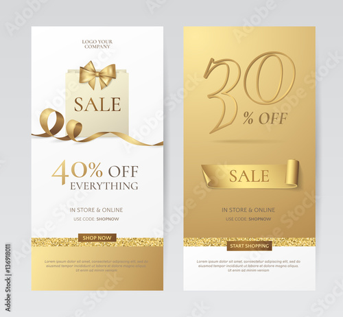 Set of elegant vertical banners with paper shopping bag, golden bow and ribbon. Vector templates for promotion design on the website with gold and white background. Isolated from the background.