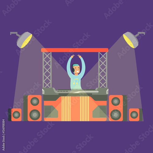 Disk Jockey Playing His Music Set On Stage, Part Of People At The Night Club Series Of Vector Illustrations
