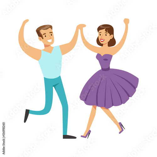 Couple In With Woman In Fancy Dress Dancing On Dancefloor, Part Of People At The Night Club Series Of Vector Illustrations