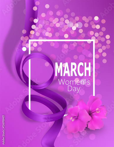 8 March Women's Day  banner with silk eight shaped ribbon, flowers and white frame . Vector illustration
