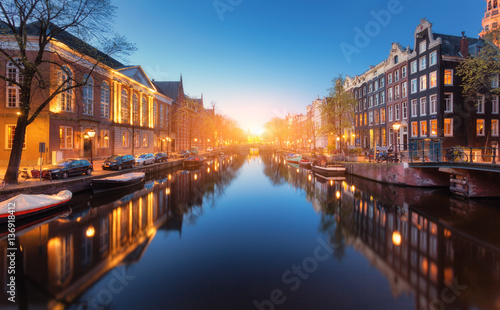 Photography Colorful cityscape at sunset in Amsterdam, Netherlands