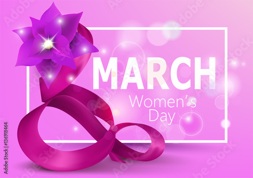 8 March Women's Day pink banner with silk eight shaped curly ribbon and frame. Vector illustration