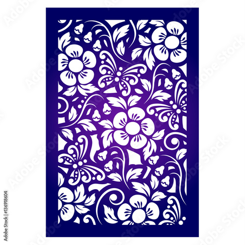 Stencil template panel with flowers and butterflies. May be used for laser cutting. Suitable for paper cards, design elements, scrapbooking stencil. Ratio 2:3. Vector illustration.