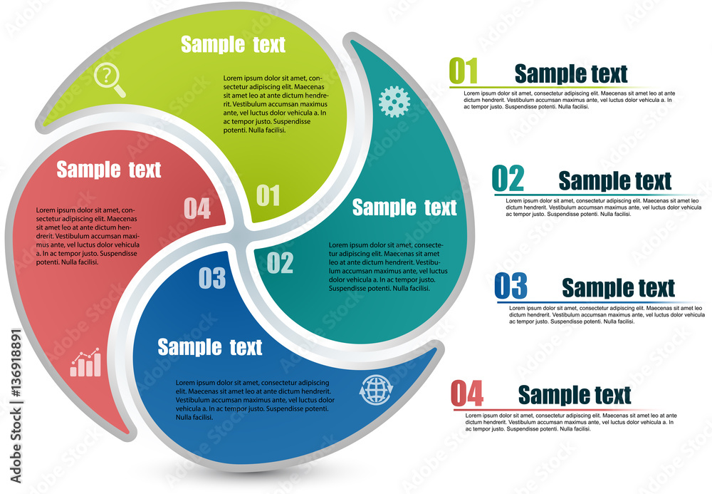 Circle infographic template with 4 steps. Parts of the chart with icons and numbers. Titles and inscriptions steps separate in right side. For presentation and design concept. Vector illustration. Circle infographic template with 4 steps. Parts of the chart with icons and numbers. Titles and inscriptions steps separate in right side. For presentation and design concept. Vector illustration.