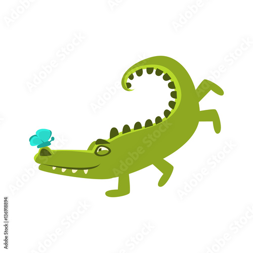Crocodile Playing With Butterfly Sitting On Hos Nose  Cartoon Character And His Everyday Wild Animal Activity Illustration