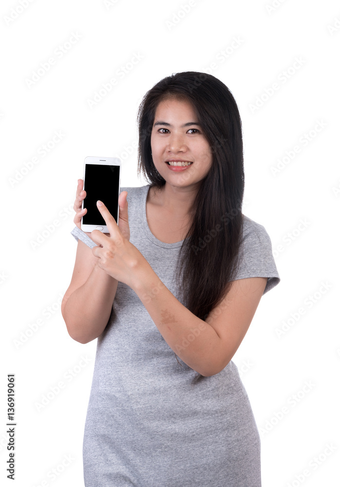 Woman with smartphone on white background Woman with smartphone on white background