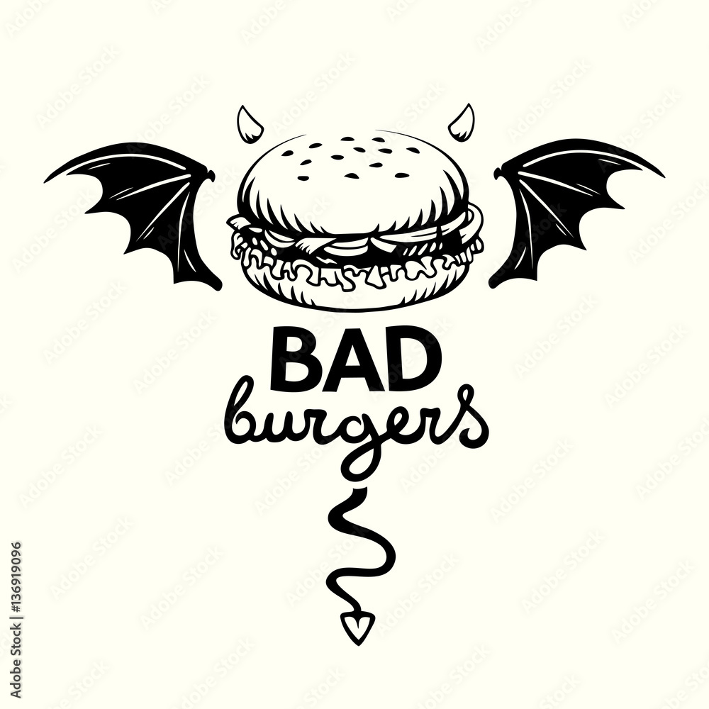 Graphic illustration of evil hamburger with bat wings, devil horns and ...