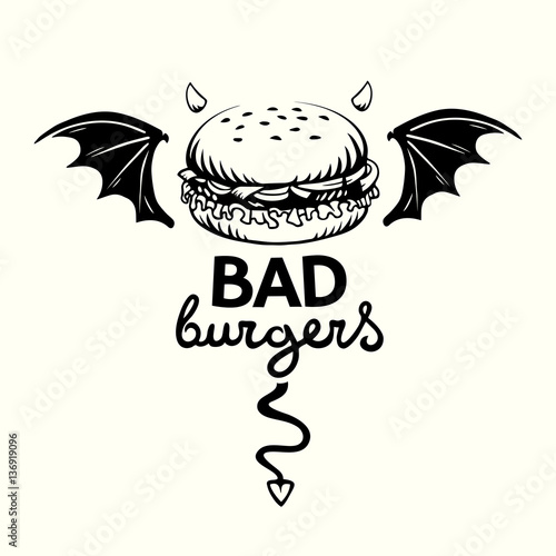 Graphic illustration of evil hamburger with bat wings, devil horns and tail and lettering in vector on white background.