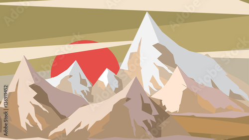 Minimal Abstract Mountain Landscape Sunset Scene - Vector Illust