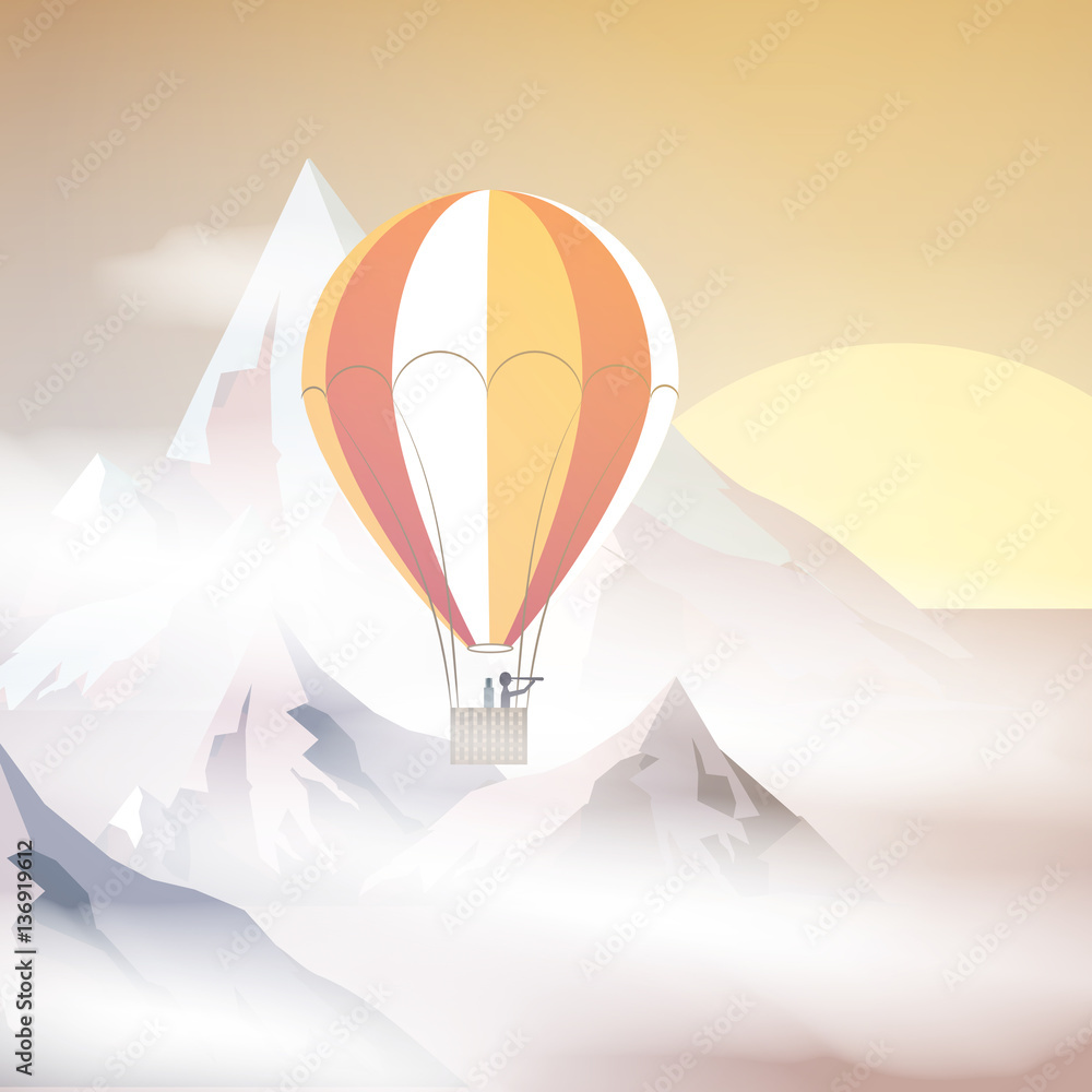 Fototapeta premium Hot Air Balloon Near Mountain Tops with Clouds - Vector Illustra