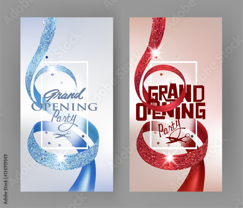 Elegant Grand opening invitation cards with  textured curly red and blue ribbons and gold crowns. Vector illustration