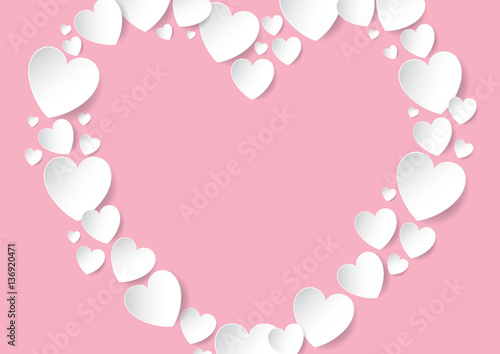 Heart with copy space flat lay with white vector paper hearts on pink background