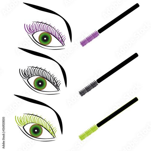 Eyes with brush and color mascara on white background